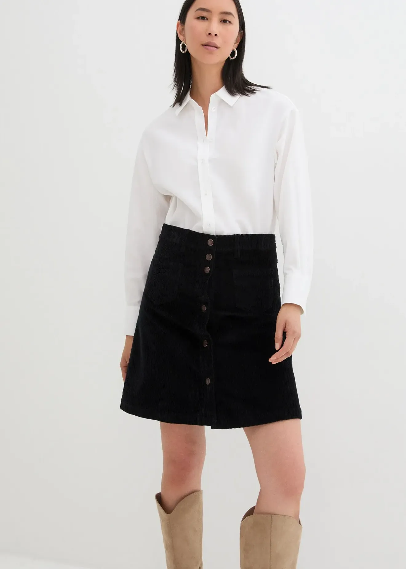 bonprix Jupe boutonnée en velours côtelé extensible|Femme Jupes