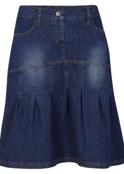 bonprix Jupe en jean avec plis religieuse et taille confortable, trapèze|Femme Jupes