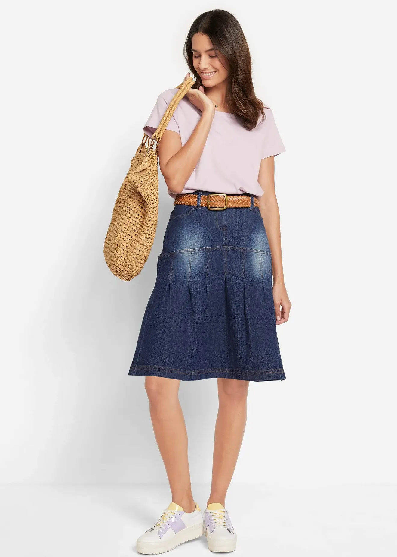 bonprix Jupe en jean avec plis religieuse et taille confortable, trapèze|Femme Jupes