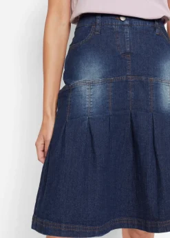 bonprix Jupe en jean avec plis religieuse et taille confortable, trapèze|Femme Jupes