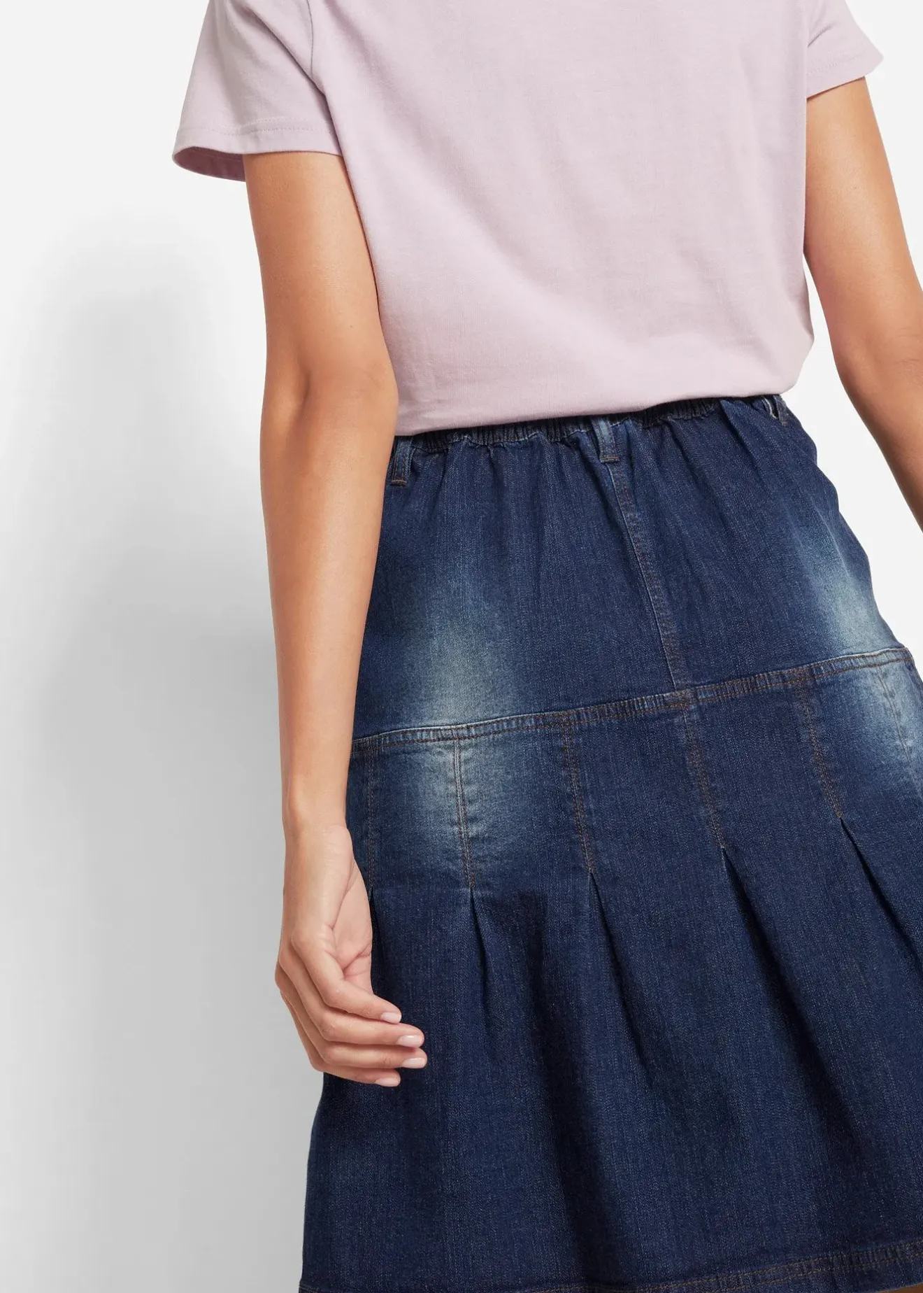 bonprix Jupe en jean avec plis religieuse et taille confortable, trapèze|Femme Jupes