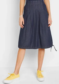 Femme bonprix Jupes|Jupe en jean extensible avec plis religieuse, lien à nouer et taille confortable