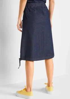 Femme bonprix Jupes|Jupe en jean extensible avec plis religieuse, lien à nouer et taille confortable