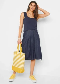 Femme bonprix Jupes|Jupe en jean extensible avec plis religieuse, lien à nouer et taille confortable