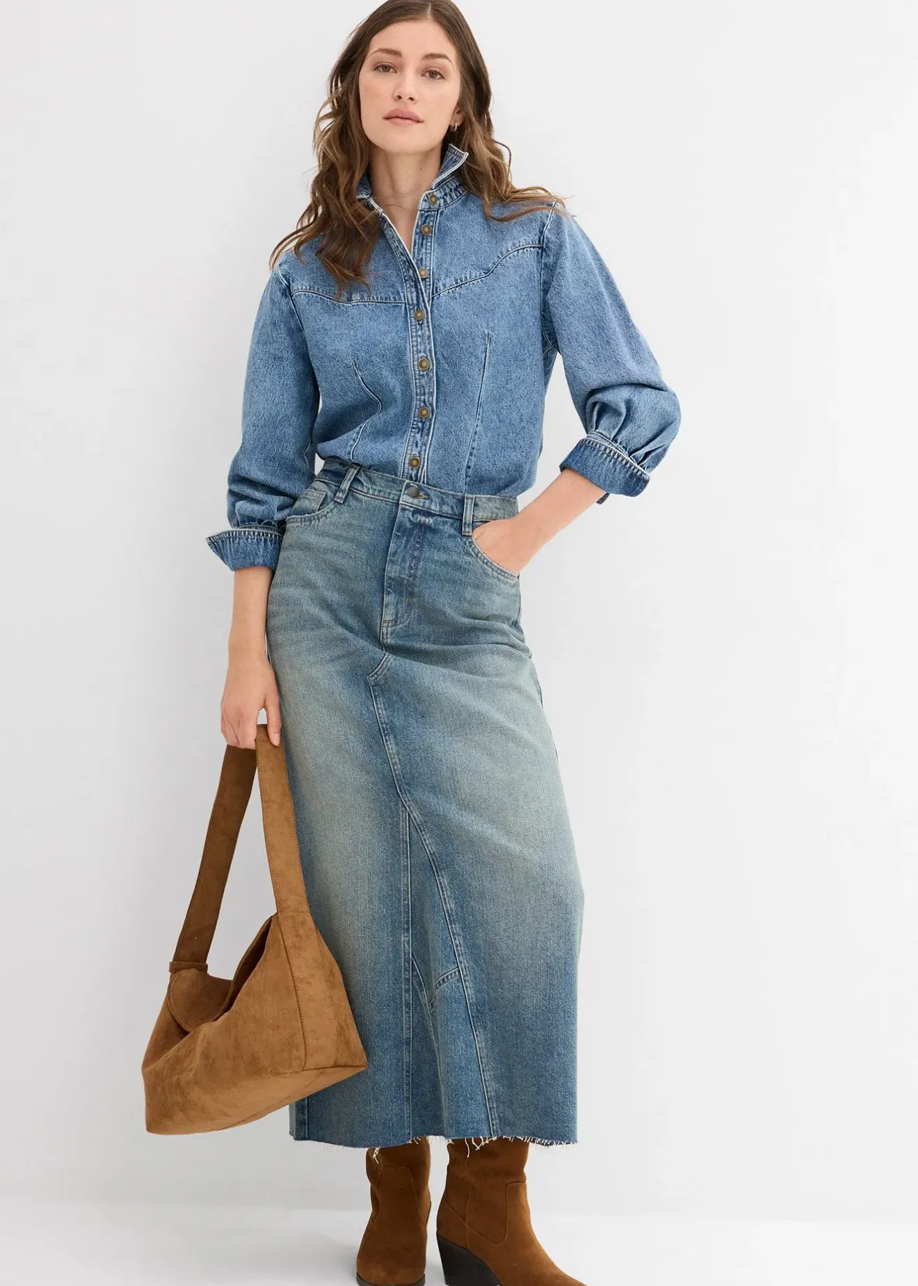 bonprix Jupe longue en jean, taille mi-haute|Femme Jupes