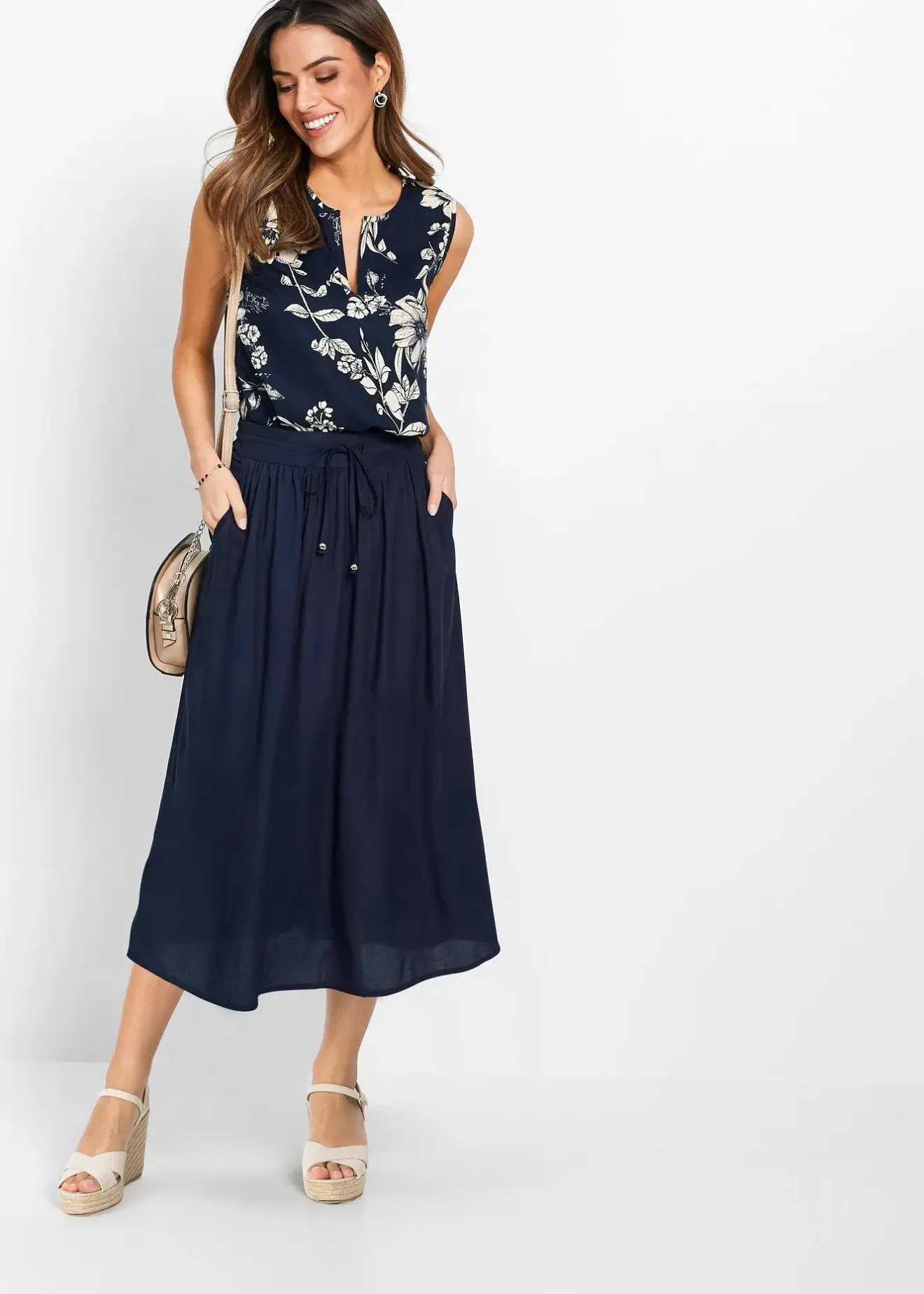 bonprix Jupe longue en viscose avec taille élastique et lien à nouer|Femme Jupes