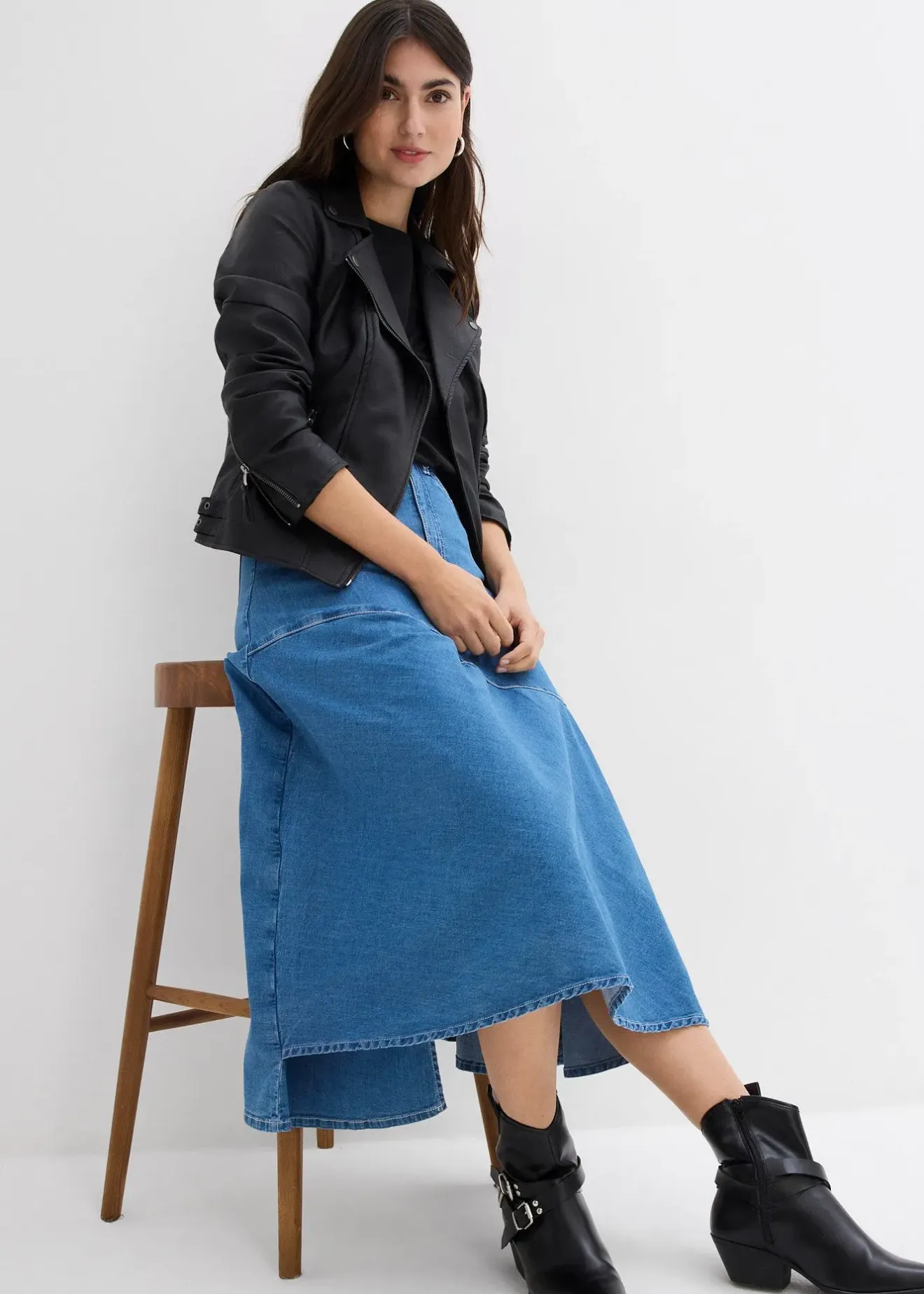 bonprix Jupe midi en jean, taille haute|Femme Jupes