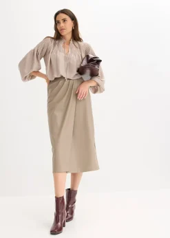 bonprix Jupe portefeuille enduite, longueur midi|Femme Jupes