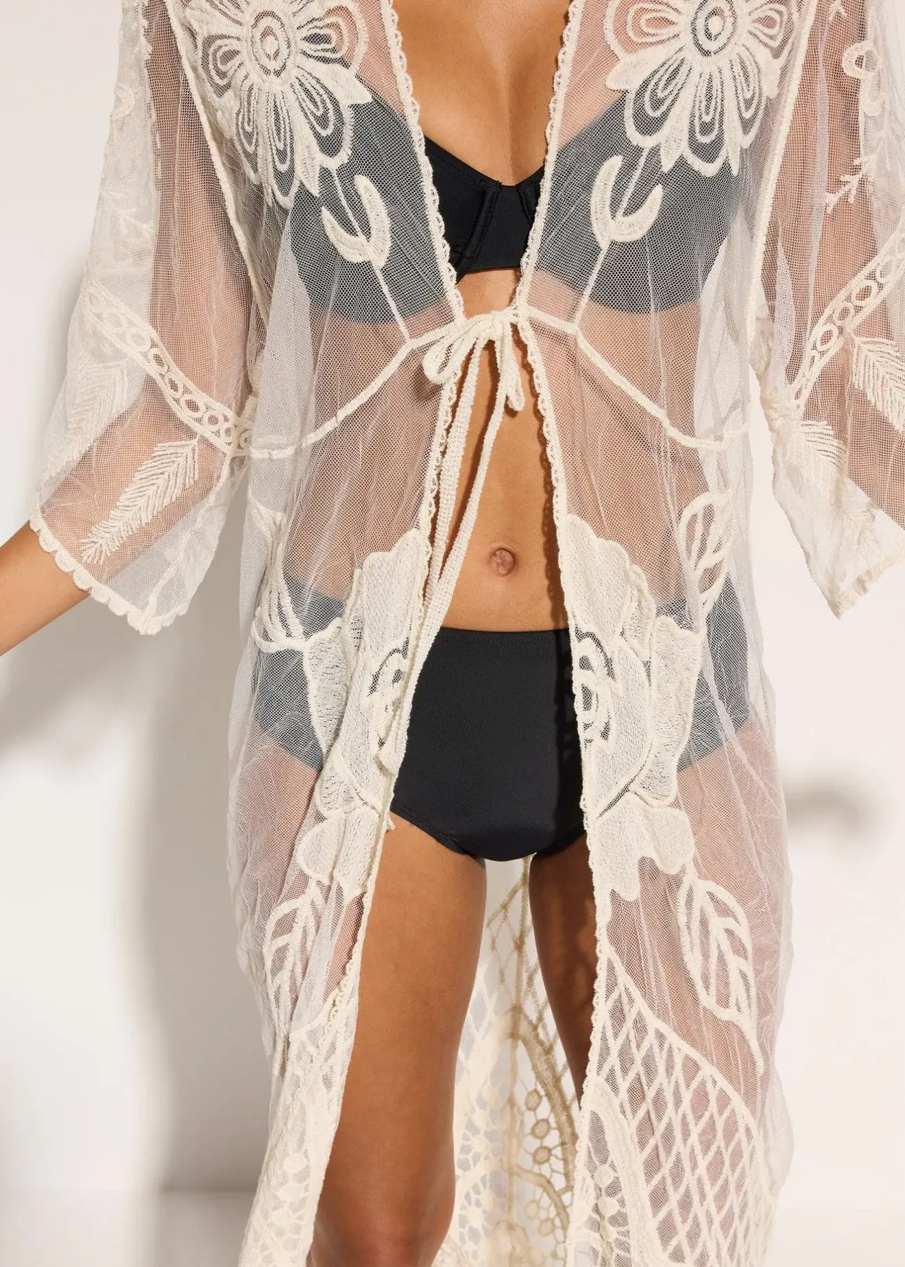 bonprix Kimono de plage transparent avec dentelle|Femme Vêtements De Plage|Chemisiers