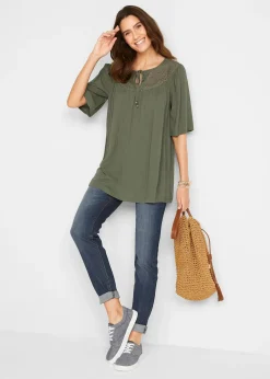 Femme bonprix Chemisiers|Longue tunique en crépon, manches coude