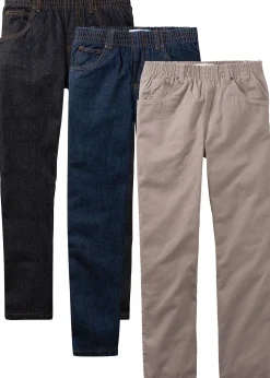bonprix Lot de 3 pantalons droits, regular à taille élastiquée, 100% coton|Enfant Vêtements Enfant|Garçons 9-16 Ans·Lots De 2 Articles Et Plus