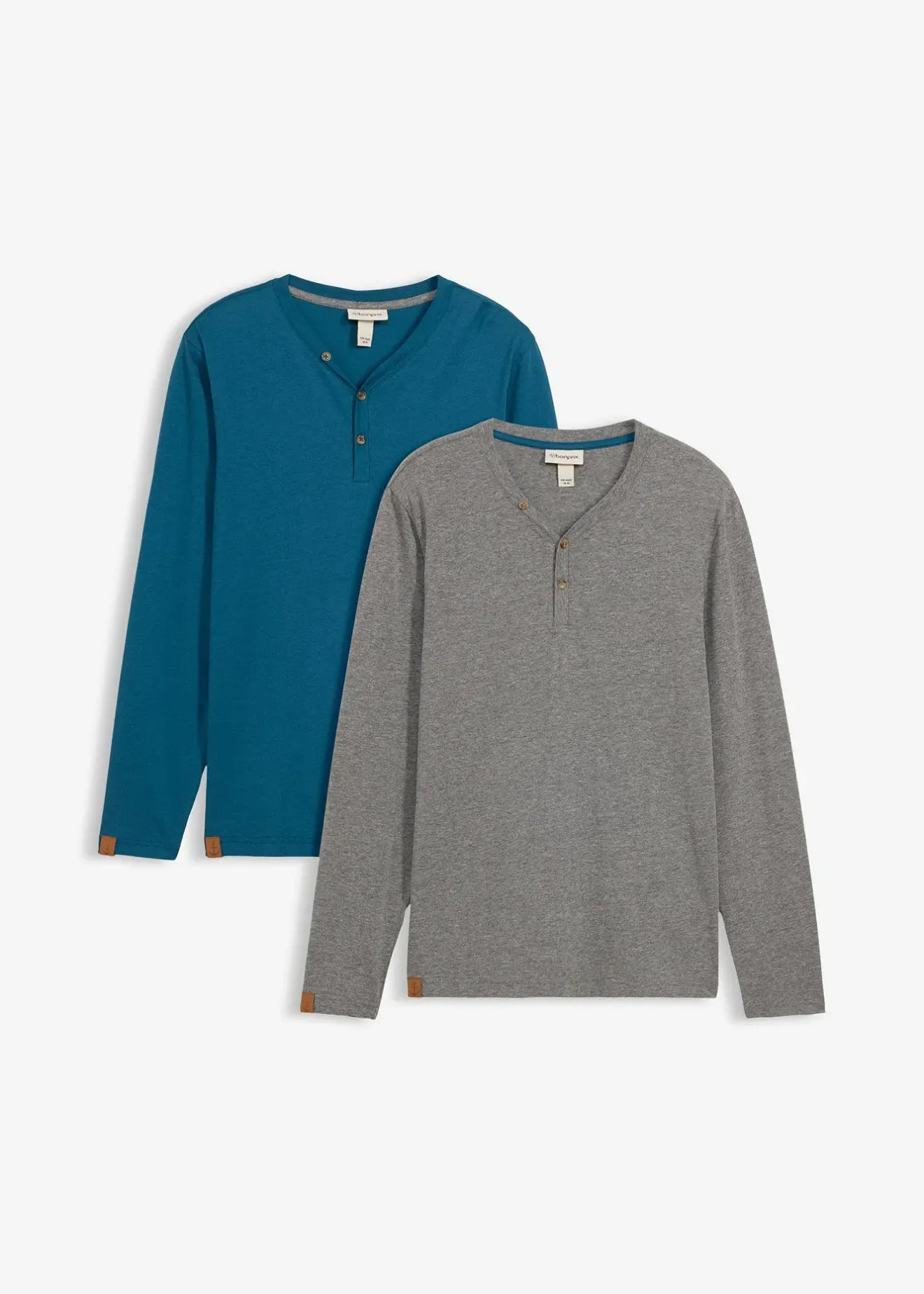 bonprix Lot de 2 T-shirts col tunisien manches longues, 100% coton|Homme T-Shirts & Polos