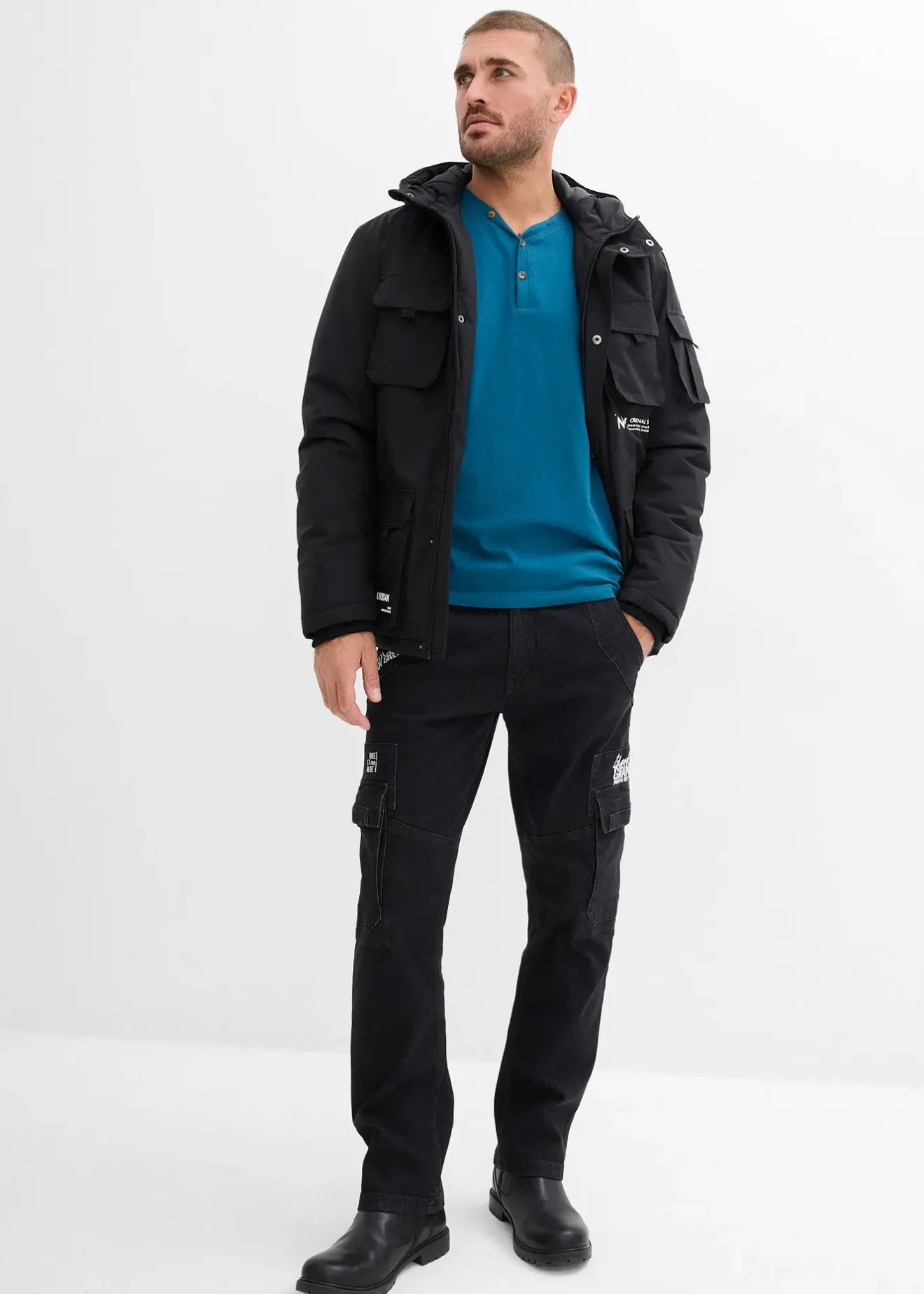 bonprix Lot de 2 T-shirts col tunisien manches longues, 100% coton|Homme T-Shirts & Polos