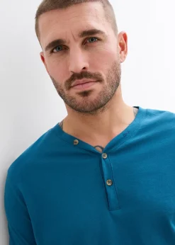 bonprix Lot de 2 T-shirts col tunisien manches longues, 100% coton|Homme T-Shirts & Polos