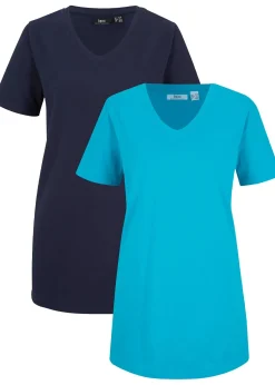 bonprix Lot de 2 T-shirts longs col V|Femme Basiques|T-Shirts & Tops