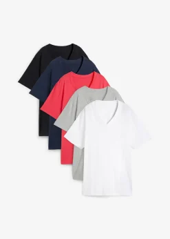 bonprix Lot de 5 T-shirts longs et amples à col V|Femme Basiques|T-Shirts & Tops