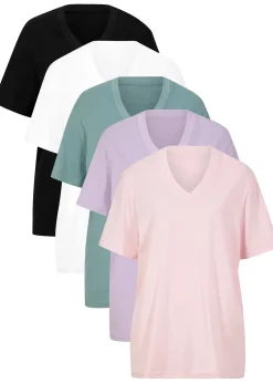 Femme bonprix Basiques|T-Shirts & Tops|Lot de 5 T-shirts longs et amples à col V