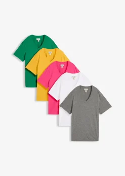 bonprix Lot de 5 T-shirts longs et amples à col V|Femme Basiques|T-Shirts & Tops
