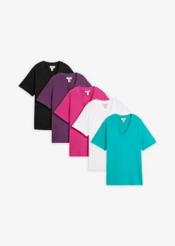 Femme bonprix Basiques|T-Shirts & Tops|Lot de 5 T-shirts longs et amples à col V