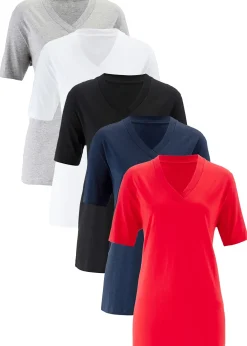 Femme bonprix Basiques|T-Shirts & Tops|Lot de 5 T-shirts longs et amples à col V