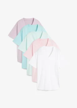 bonprix Lot de 5 T-shirts longs et amples à col V|Femme Basiques|T-Shirts & Tops