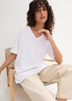 bonprix Lot de 5 T-shirts longs et amples à col V|Femme Basiques|T-Shirts & Tops