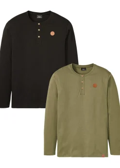 bonprix Lot de 2 T-shirts manches longues col tunisien 100% coton|Homme T-Shirts & Polos