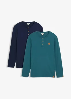 bonprix Lot de 2 T-shirts manches longues col tunisien 100% coton|Homme T-Shirts & Polos