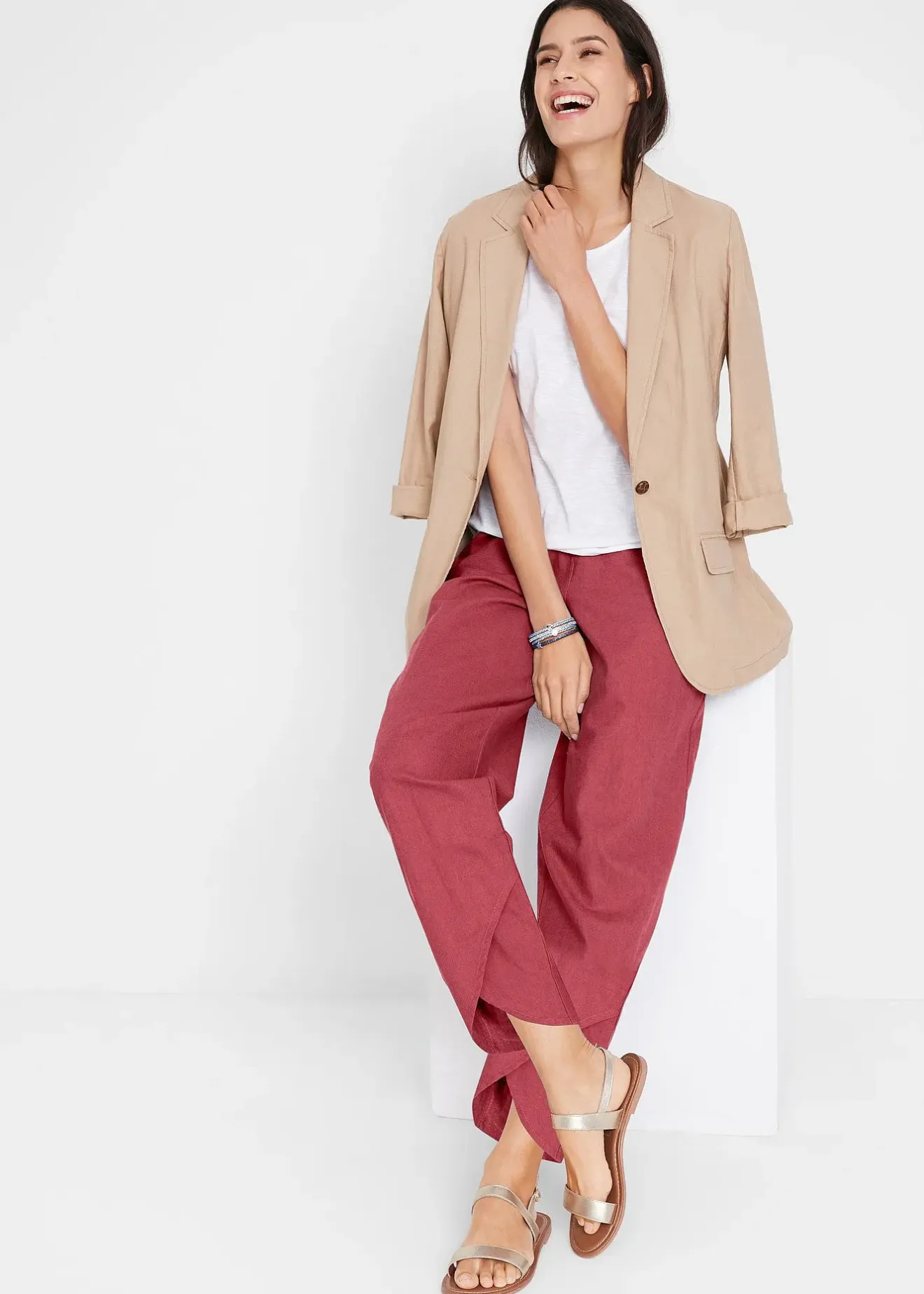 bonprix Pantalon 3/4 aérien en lin mélangé|Femme Pantalons