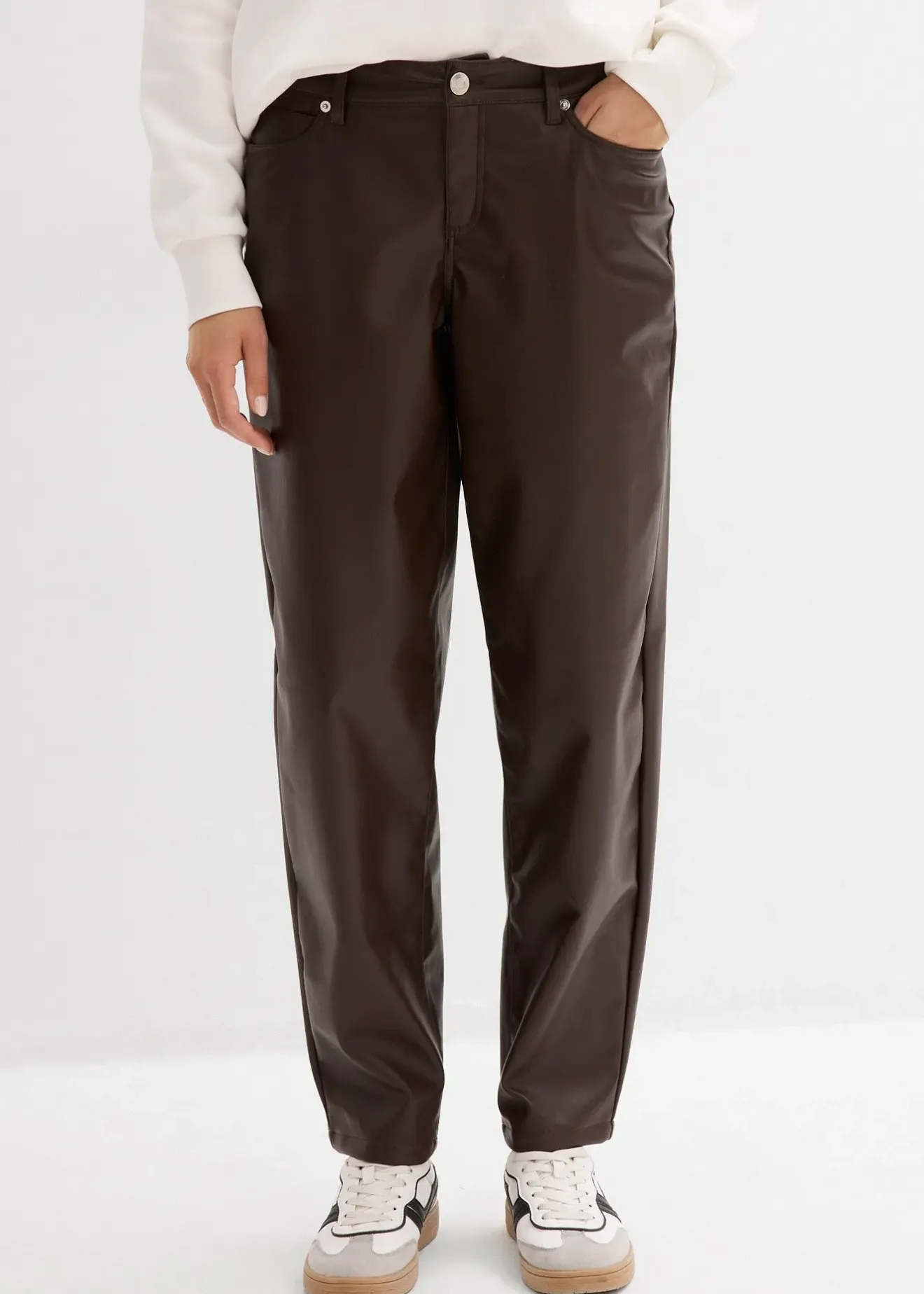 bonprix Pantalon barrel enduit, taille mi-haute|Femme Pantalons