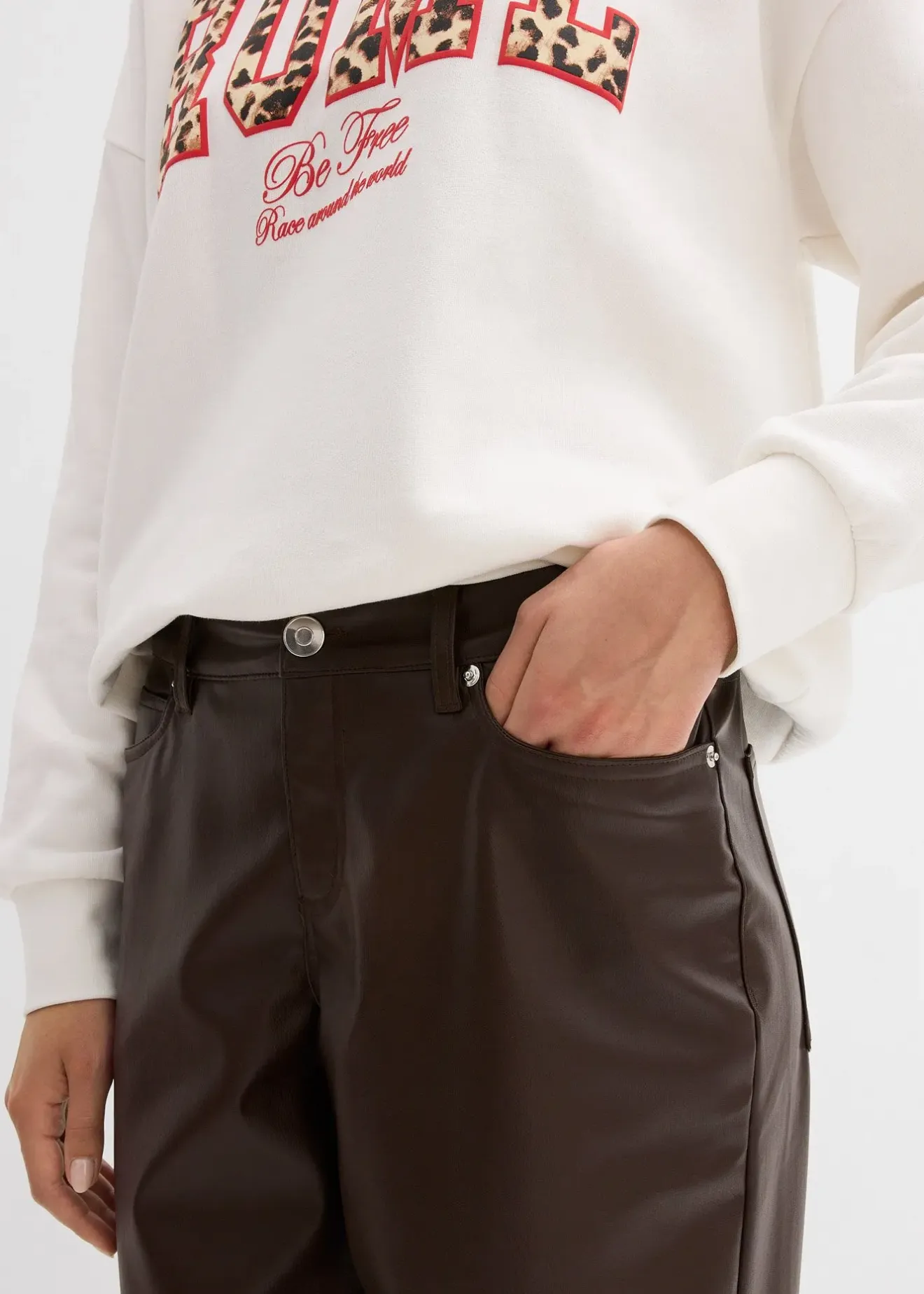 bonprix Pantalon barrel enduit, taille mi-haute|Femme Pantalons