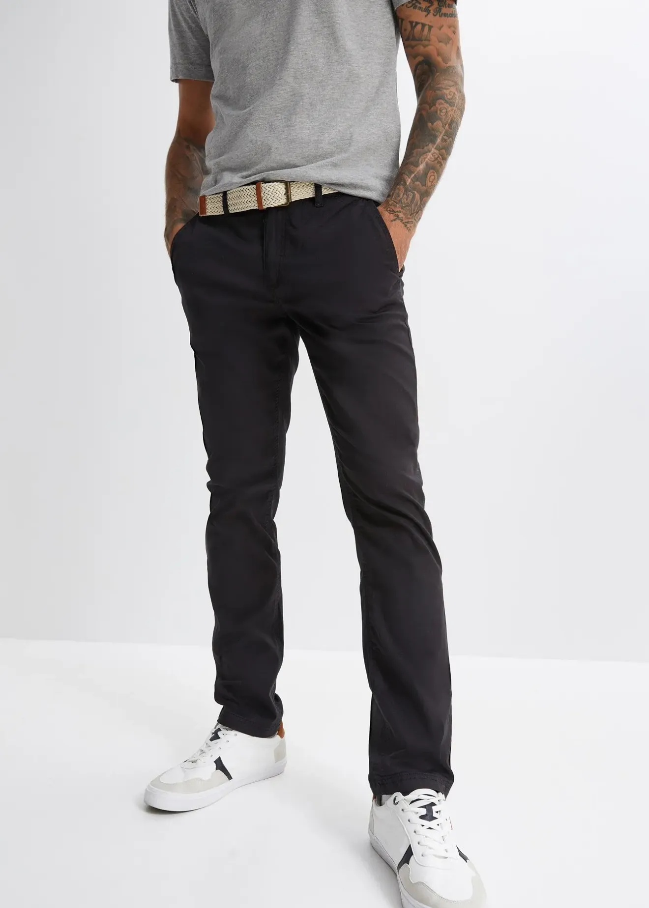 bonprix Pantalon chino droit avec taille élastique et ceinture, regular|Homme Pantalons