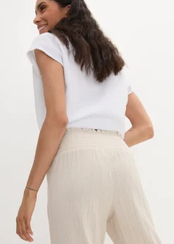 bonprix Pantalon en gaze de coton avec ceinture smockée|Femme Pantalons