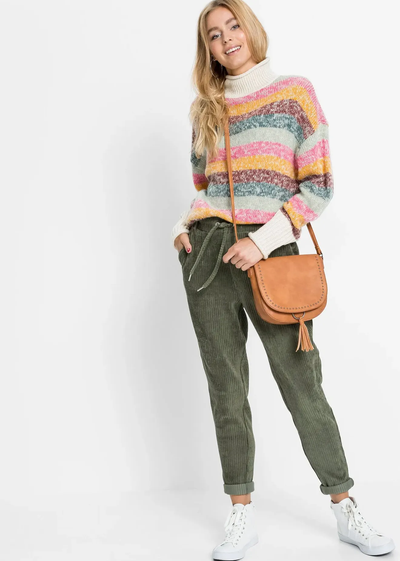 Femme bonprix Pantalons|Pantalon en velours côtelé à taille élastiquée