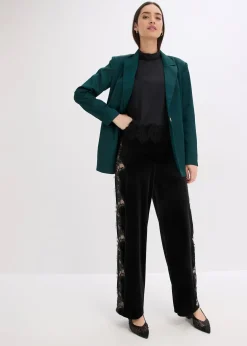 Femme bonprix Pantalons|Pantalon large en velours doux avec empiècement dentelle