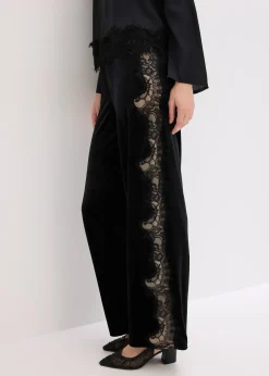 Femme bonprix Pantalons|Pantalon large en velours doux avec empiècement dentelle