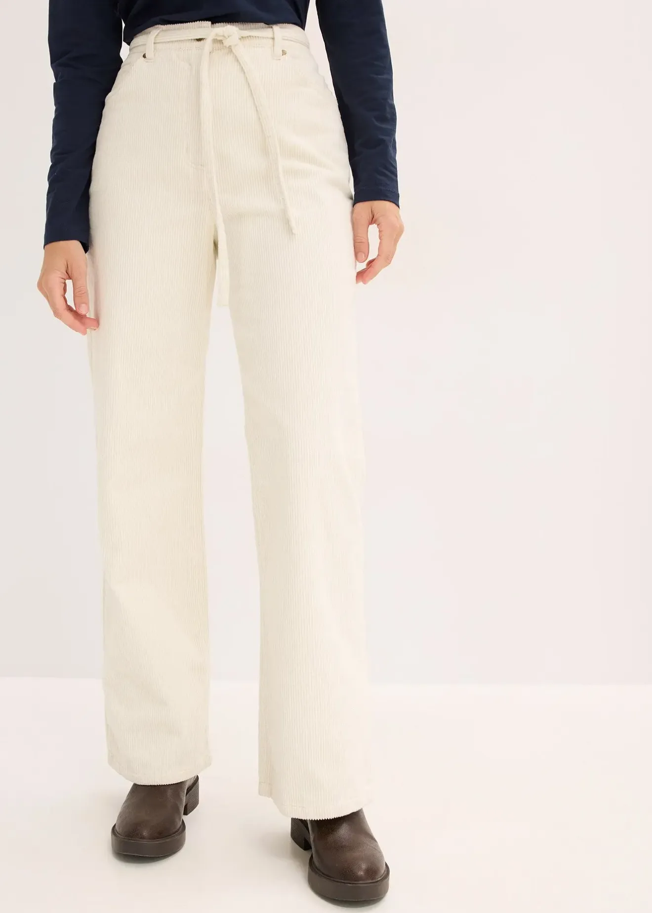 Femme bonprix Pantalons|Pantalon large en velours côtelé avec ceinture à nouer
