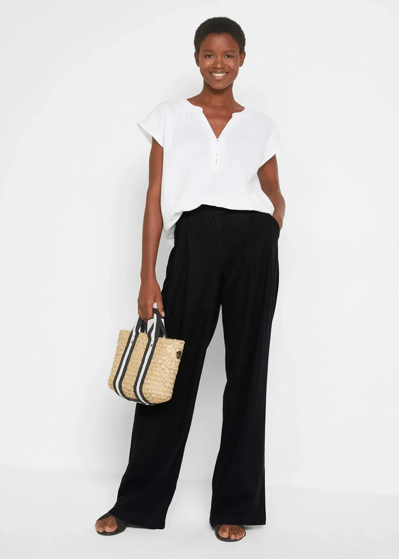 Femme bonprix Pantalons|Pantalon palazzo en lin mélangé, coupe très large