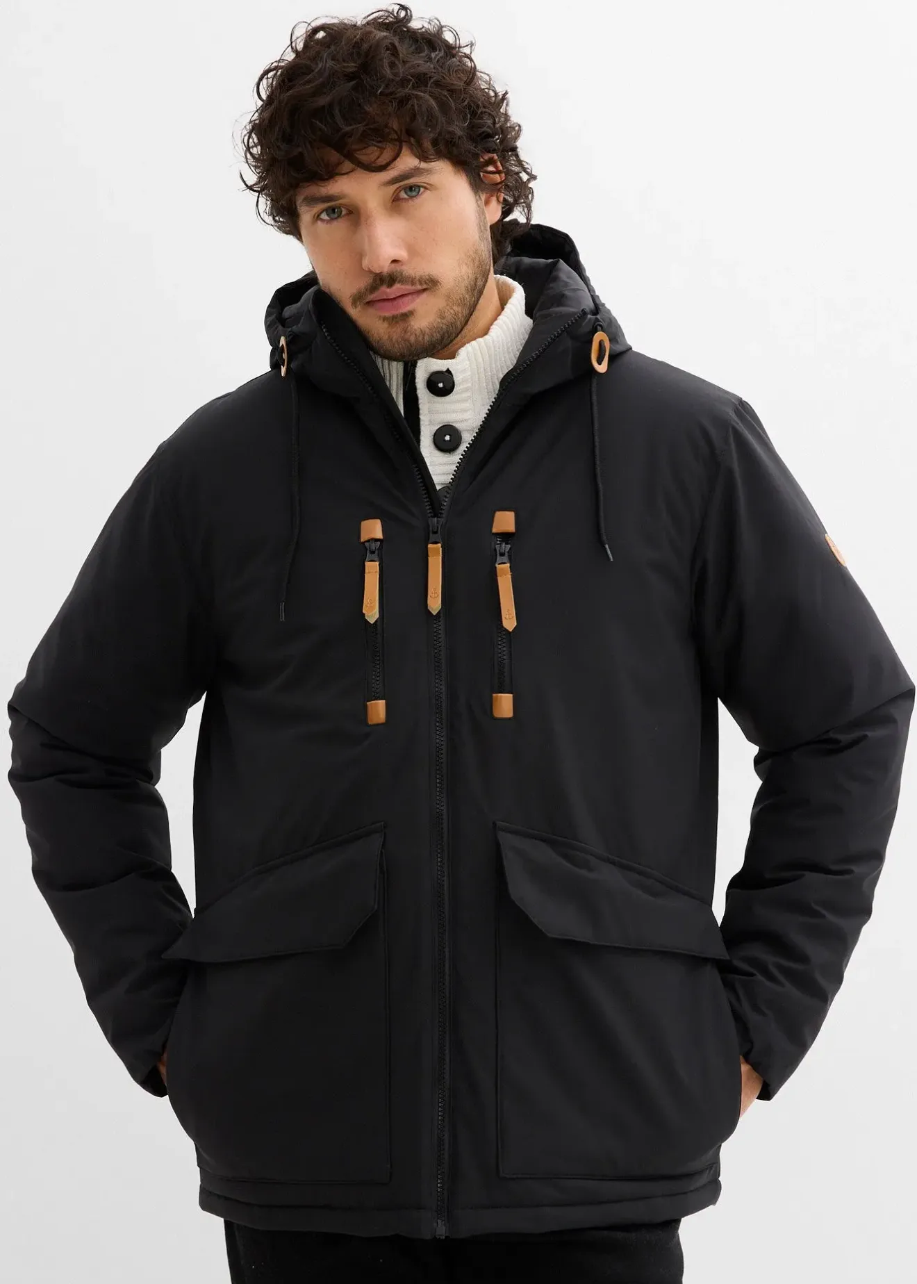 Homme bonprix Vestes|Parka d’hiver à capuche et détails enduits