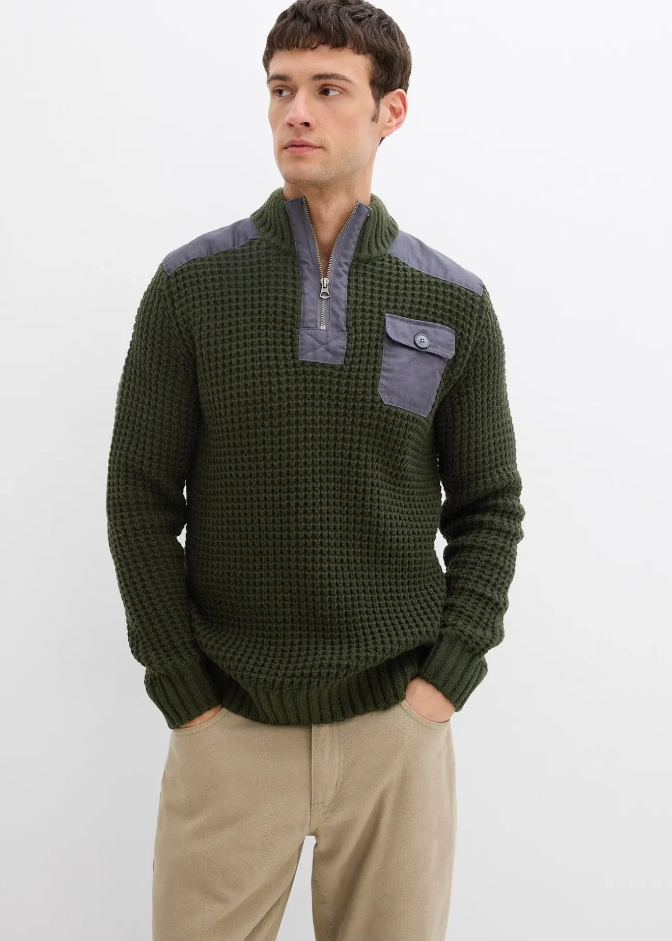 Homme bonprix Pulls & Gilets|Pull camionneur en grosse maille avec empiècements en tissu