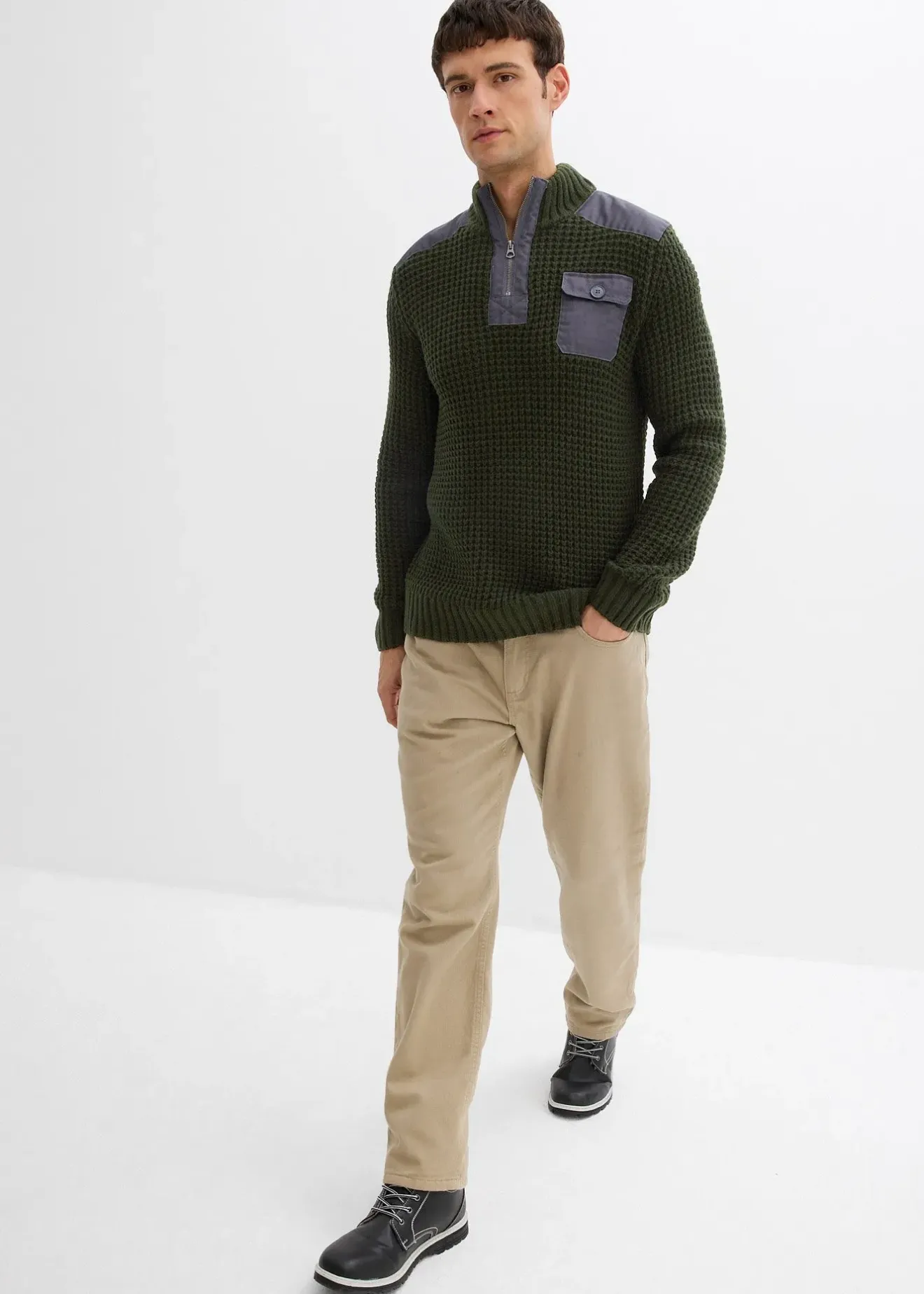 Homme bonprix Pulls & Gilets|Pull camionneur en grosse maille avec empiècements en tissu