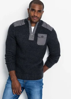 bonprix Pull camionneur en grosse maille avec empiècements en tissu|Homme Pulls & Gilets