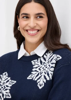 bonprix Pull col rond avec flocons de neige|Femme Maille|Pulls & Gilets
