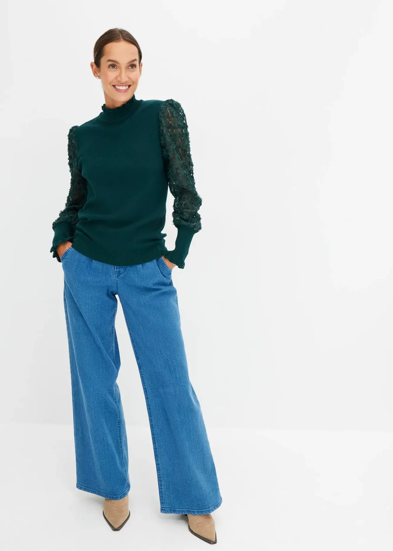 Femme bonprix Maille|Pulls & Gilets|Pull col roulé avec manches en mousseline