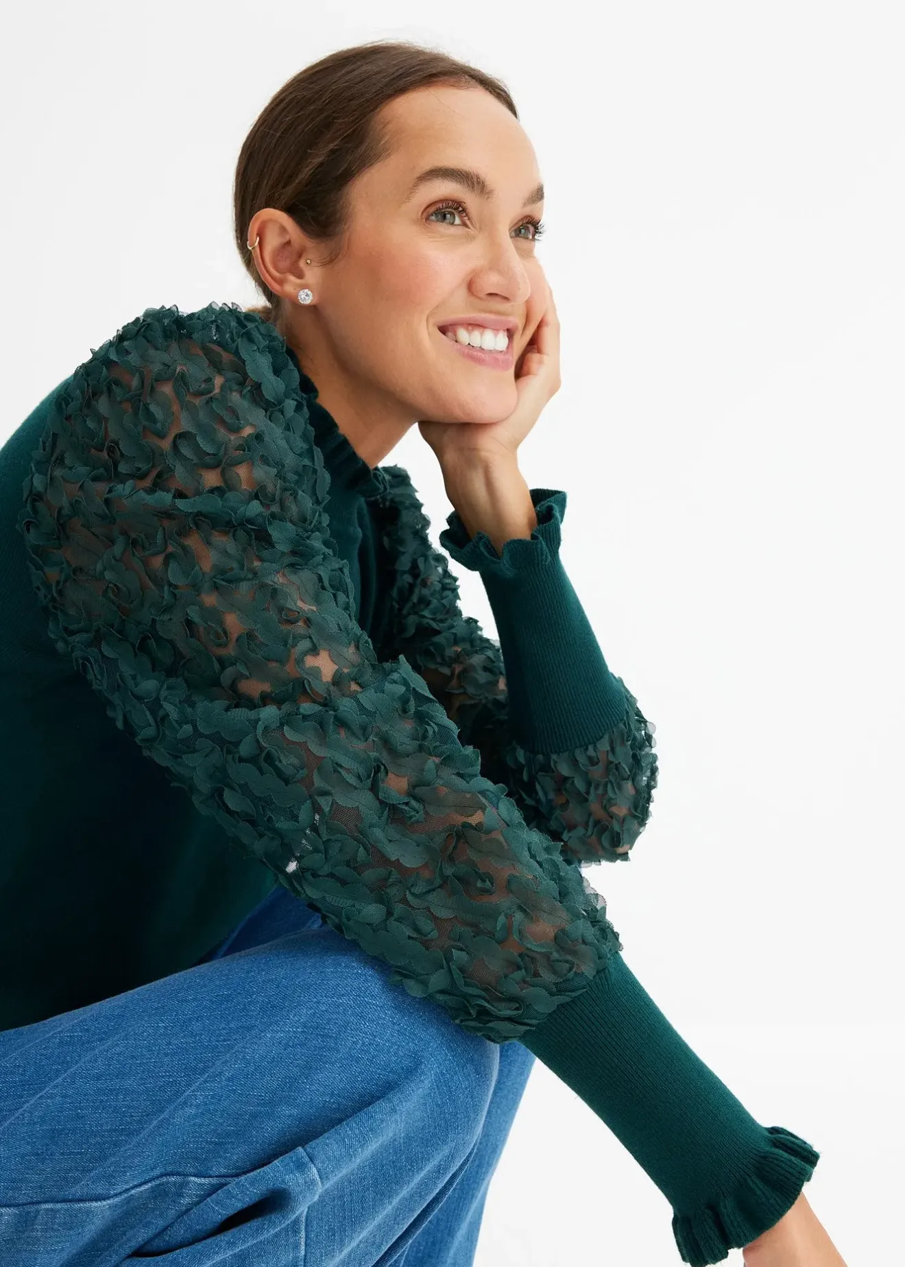 Femme bonprix Maille|Pulls & Gilets|Pull col roulé avec manches en mousseline