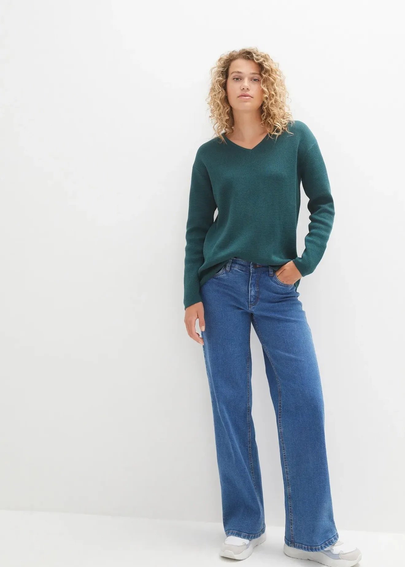 bonprix Pull col V en maille milano côtelée|Femme Maille|Pulls & Gilets