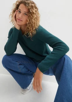 bonprix Pull col V en maille milano côtelée|Femme Maille|Pulls & Gilets