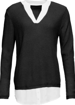 bonprix Pull en fine maille avec empiècement chemisier|Femme Maille|Pulls & Gilets