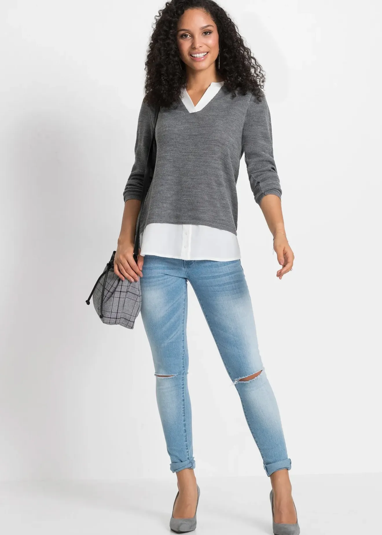 Femme bonprix Maille|Pulls & Gilets|Pull en fine maille avec empiècement chemisier