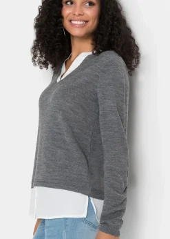 Femme bonprix Maille|Pulls & Gilets|Pull en fine maille avec empiècement chemisier